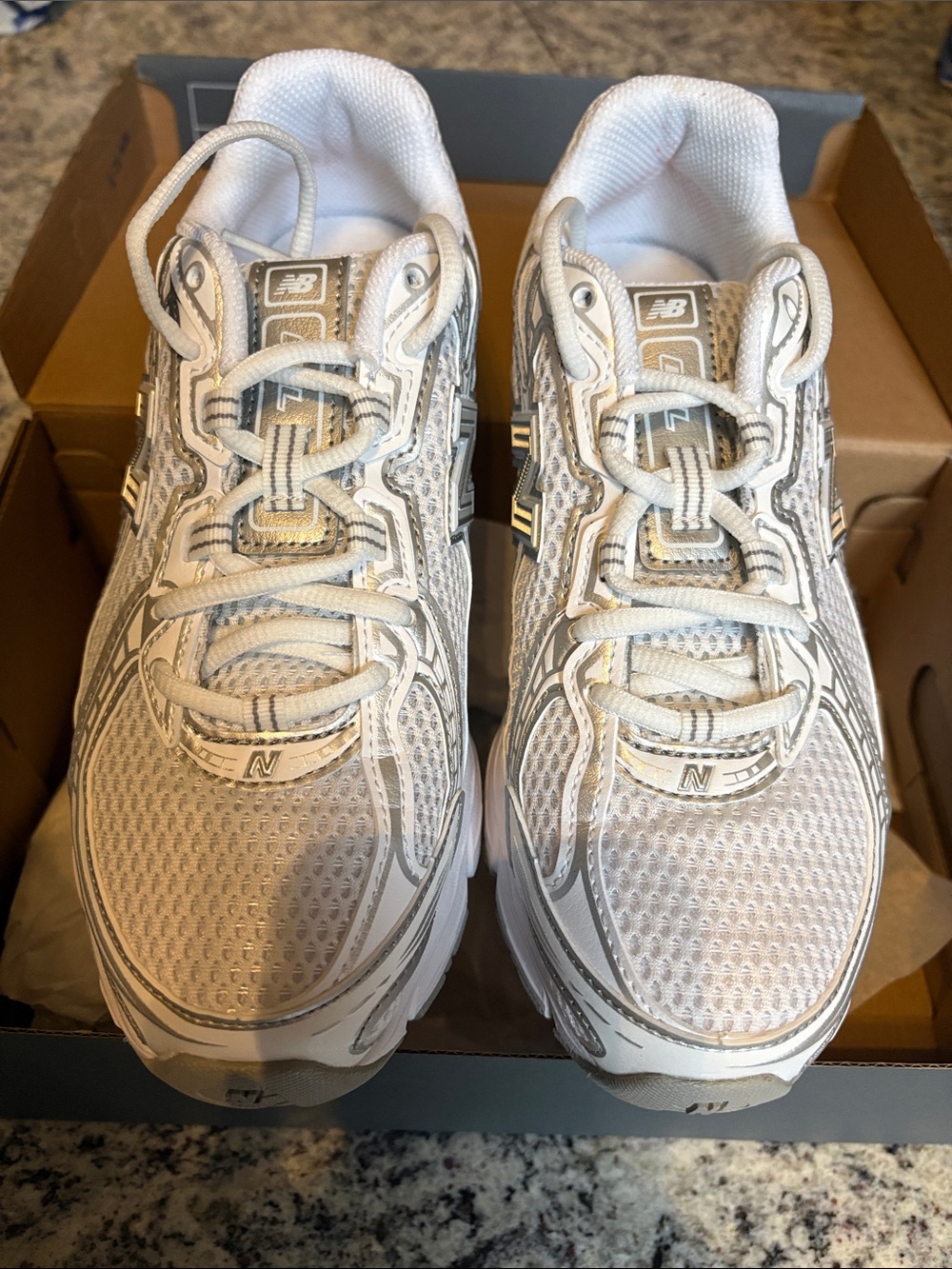 New Balance White and Silver Mesh Running Sneakers